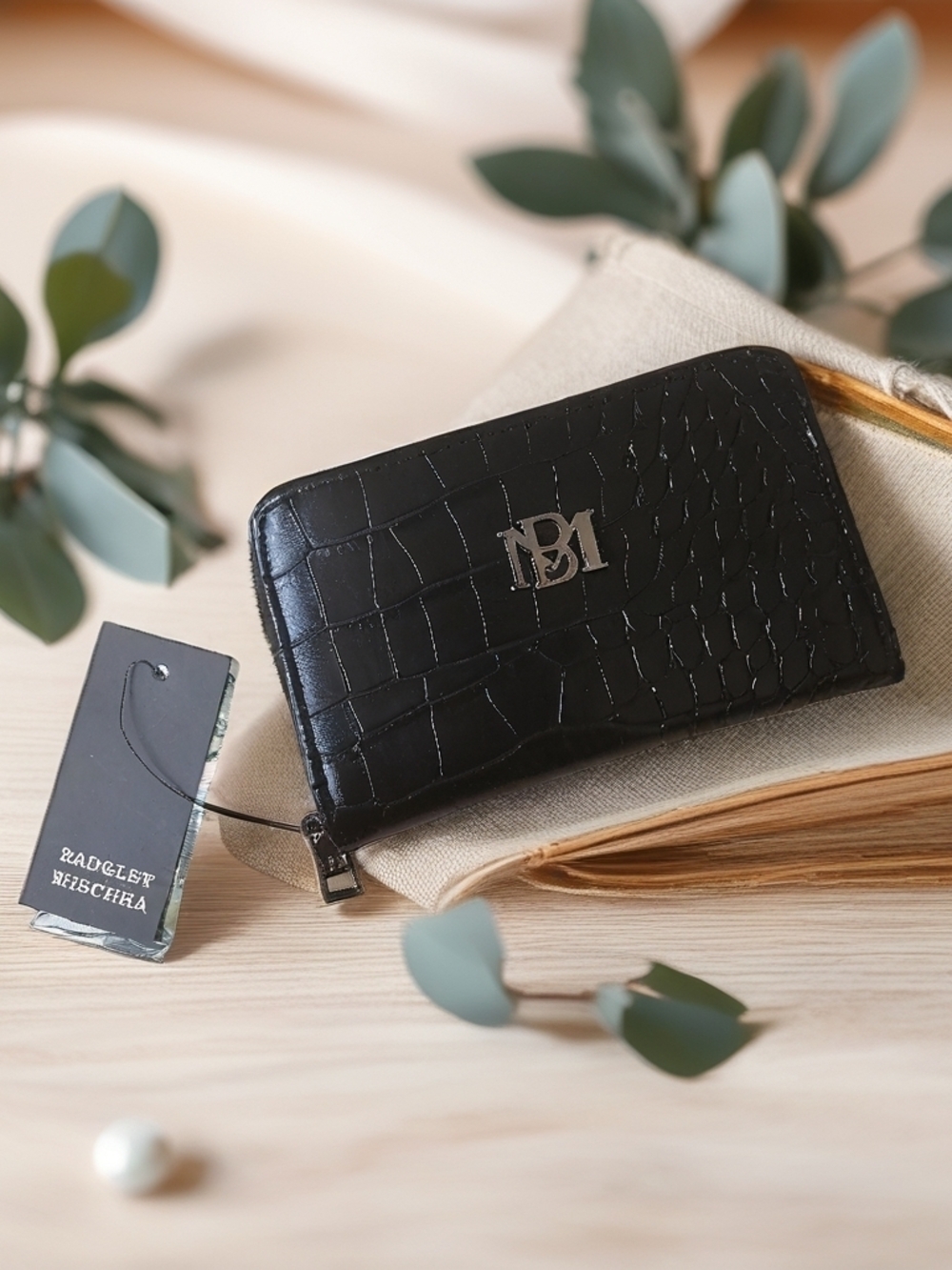 Badgley Mischka Black Croc-Embossed Zip Card Case with Silver Logo